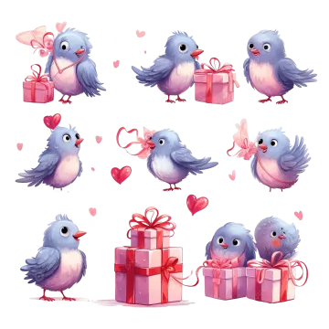 a set of cute birds with gift boxes
