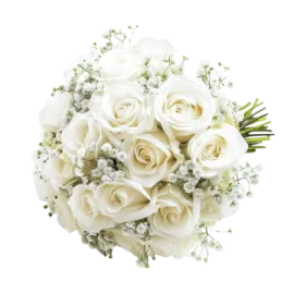 a bouquet of white roses and baby's breath