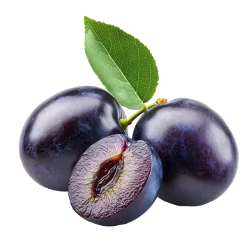 two plums with a green leaf on top