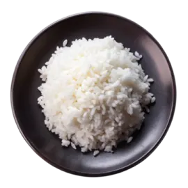 a black plate with rice on it