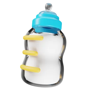 a baby bottle with yellow and blue handles