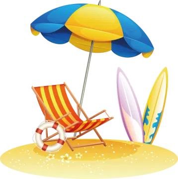a beach chair with an umbrella and surfboards
