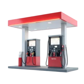 a gas station with red and white paint