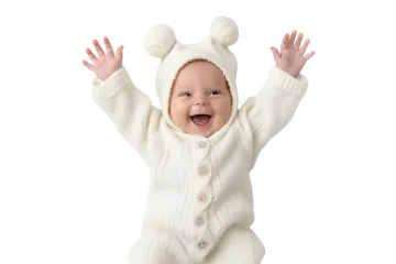 a baby is wearing a white bear suit