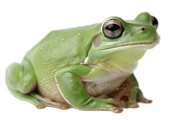 a green frog sitting on a white background