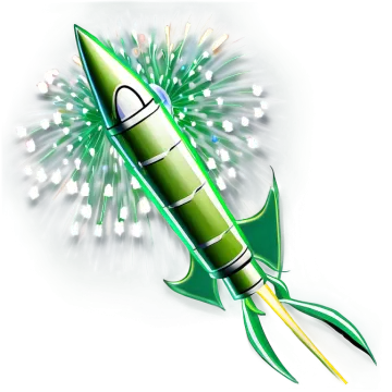 a green rocket is flying through the air