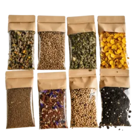 a set of five bags filled with different spices