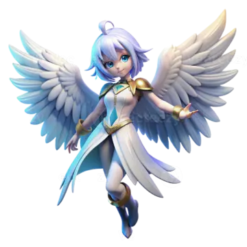 an angel with blue hair and white wings