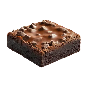 a square brownie with chocolate frosting on top