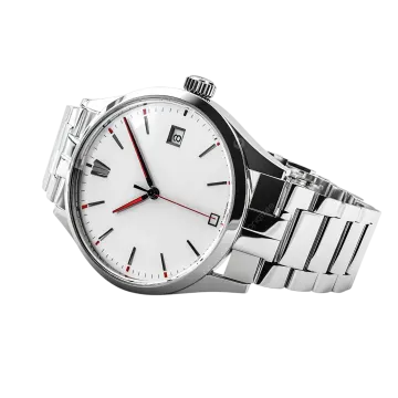 a silver watch with red hands on a white background