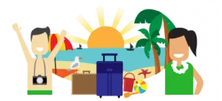 a group of people standing around a table with luggage