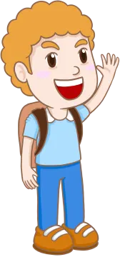 a boy with a backpack waving his hand