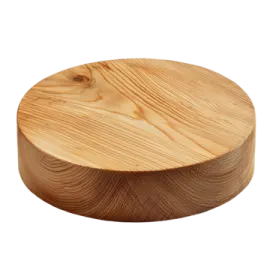 a round wooden cutting board on a white background