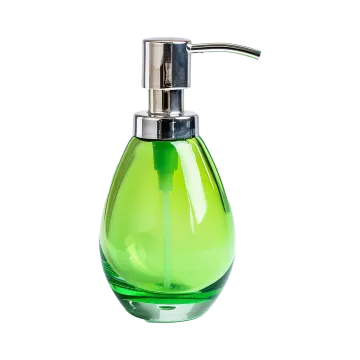 a green glass soap dispenser on a white background