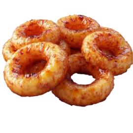 a bunch of shrimp rings on a white background