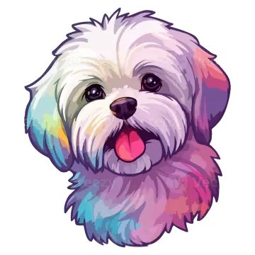 a white dog with a colorful face