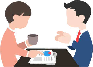 two men sitting at a table with coffee and papers