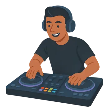 a man in headphones playing music on a turn board