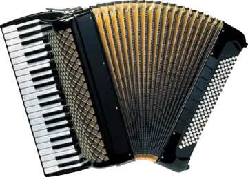 a black accordion with white keys