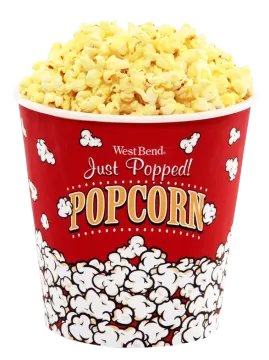 a red and white popcorn cup filled with popcorn