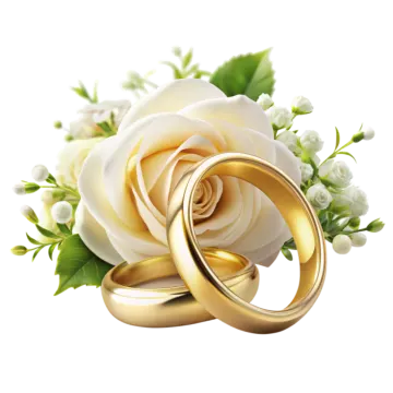 two gold wedding rings and a white rose