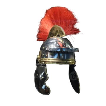 a helmet with red feathers on it