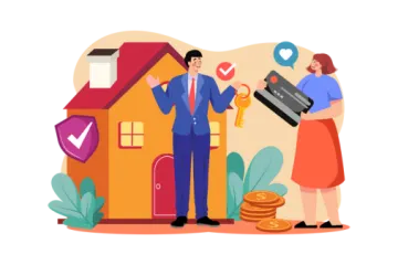 a man and woman standing in front of a house