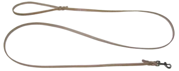 a brown leather leash with a metal hook