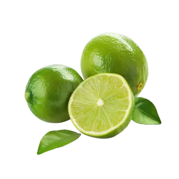 three limes with leaves on a white background