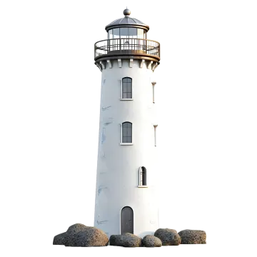 a white lighthouse with a black top