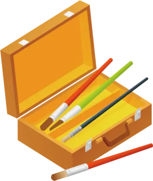 an open suitcase with two paint brushes in it