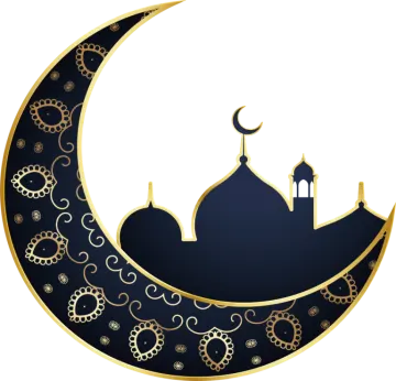 a black and gold crescent with a mosque on it
