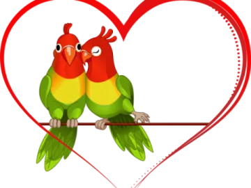 two birds sitting on a branch in front of a heart