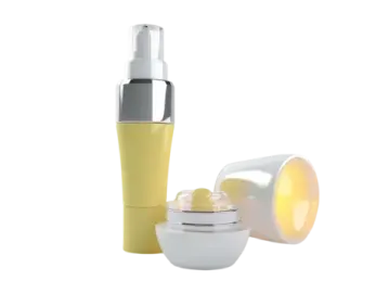 a bottle of serum and a container of cream