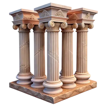 three stone pillars on a wooden base