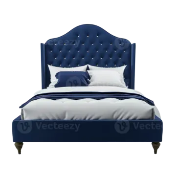 a bed with blue velvet headboard and white pillows
