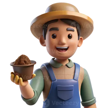 a 3d character holding a pot of soil