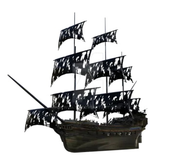 a pirate ship with black sails and white sails