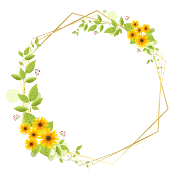 a circular frame with sunflowers and leaves
