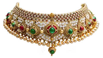 a gold necklace with pearls and emeralds