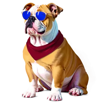a brown and white dog with sunglasses on