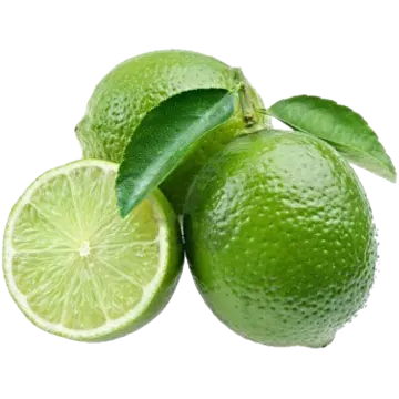 three limes with leaves on a white background