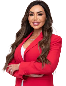 a woman wearing a red blazer jacket