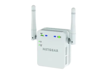 a white netge wireless router with two antennas