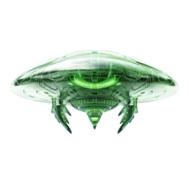a green alien spaceship flying through the air