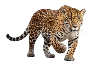 a large leopard walking across a white surface