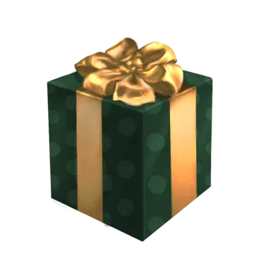 a green gift box with a gold bow