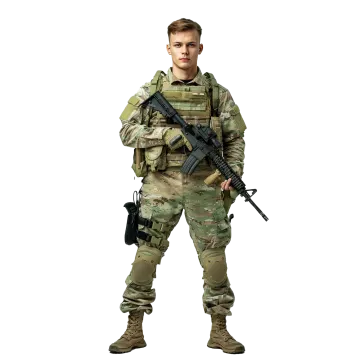 a man in camouflage clothing holding a rifle