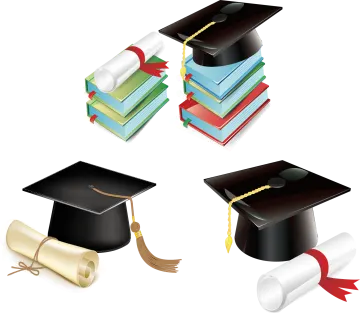 a set of four graduation hats and diplomas