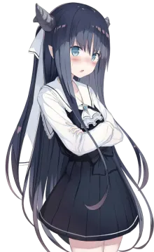 an anime girl with long black hair and blue eyes